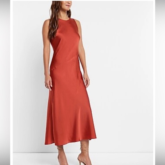 Express Dresses & Skirts - NWOT Express Rustic Orange Satin MIDI Dress Size M